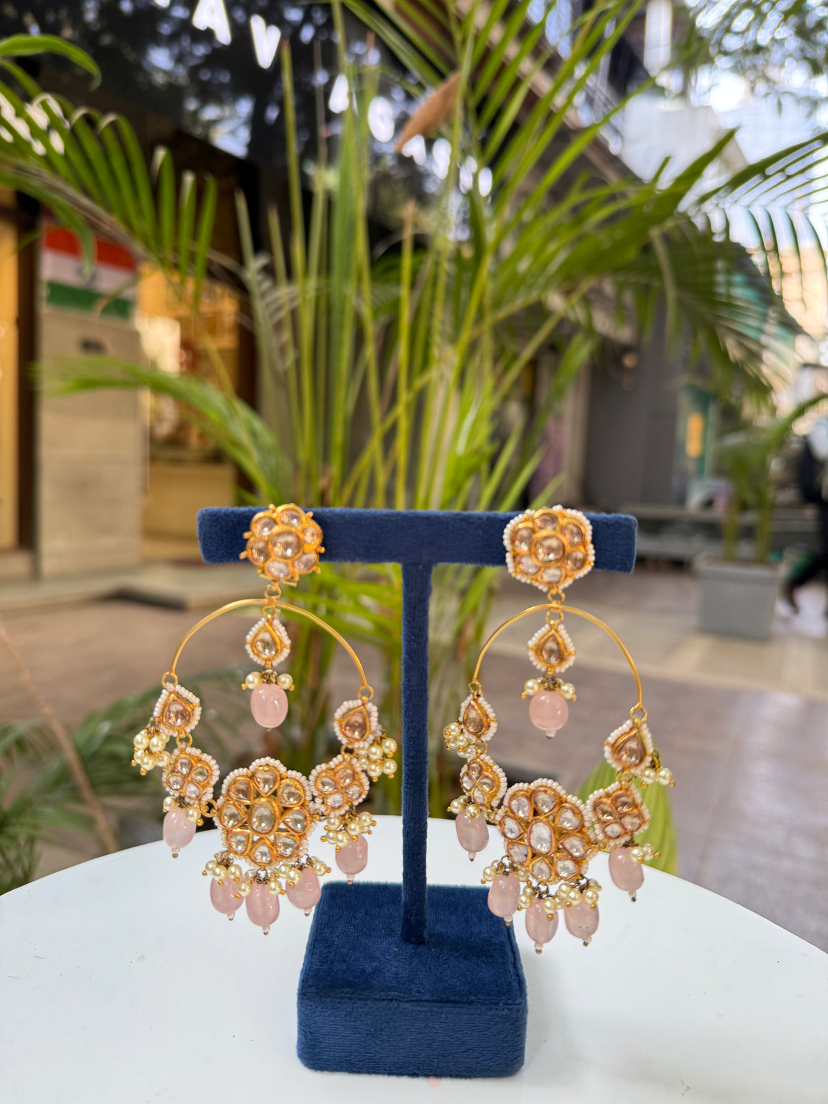 Natural Rose Quartz, Pearl And Polki Gemstone Yellow Gold Earrings Jewelry