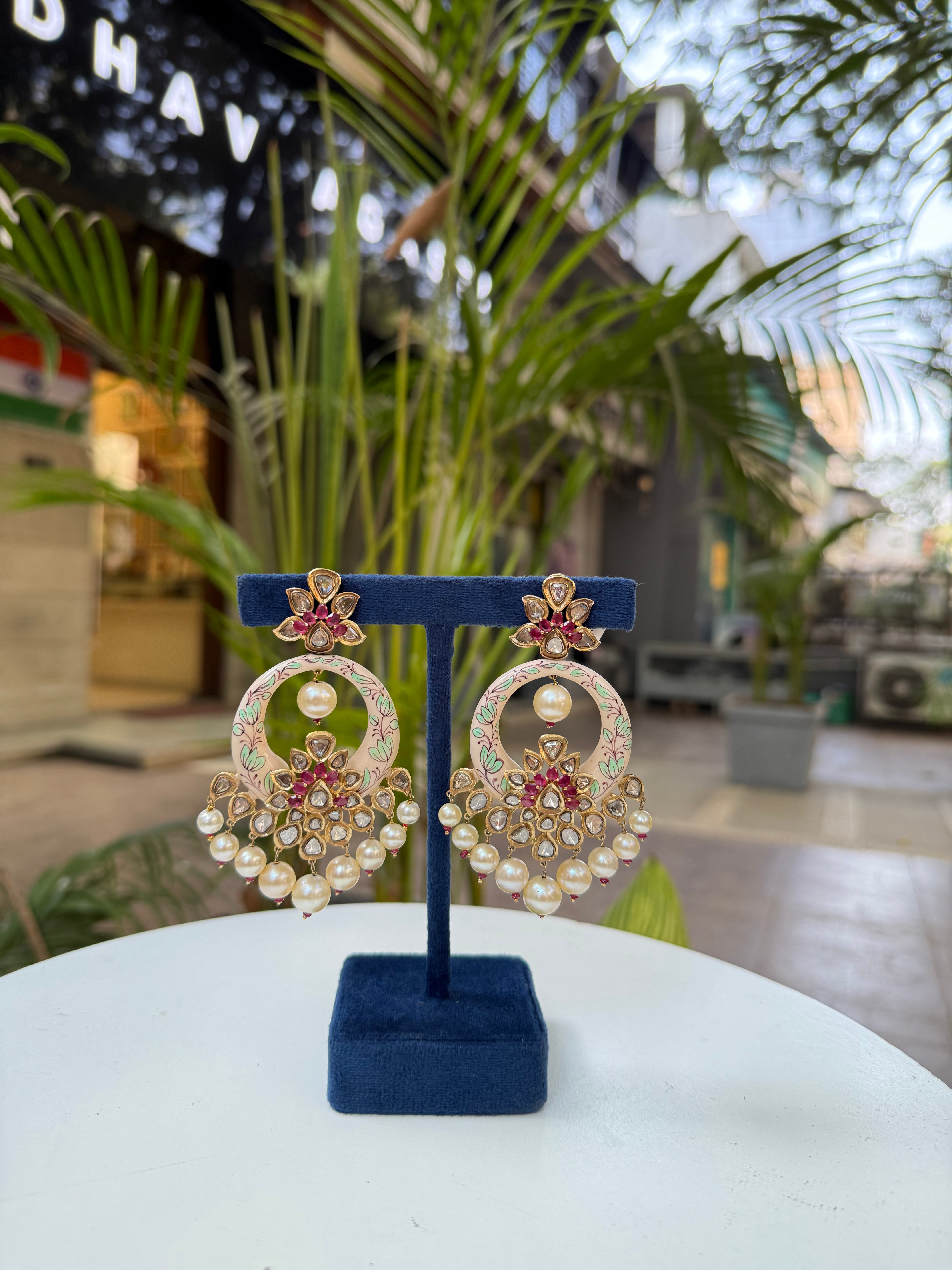 Pearl and Meenawork Chandbali Earrings