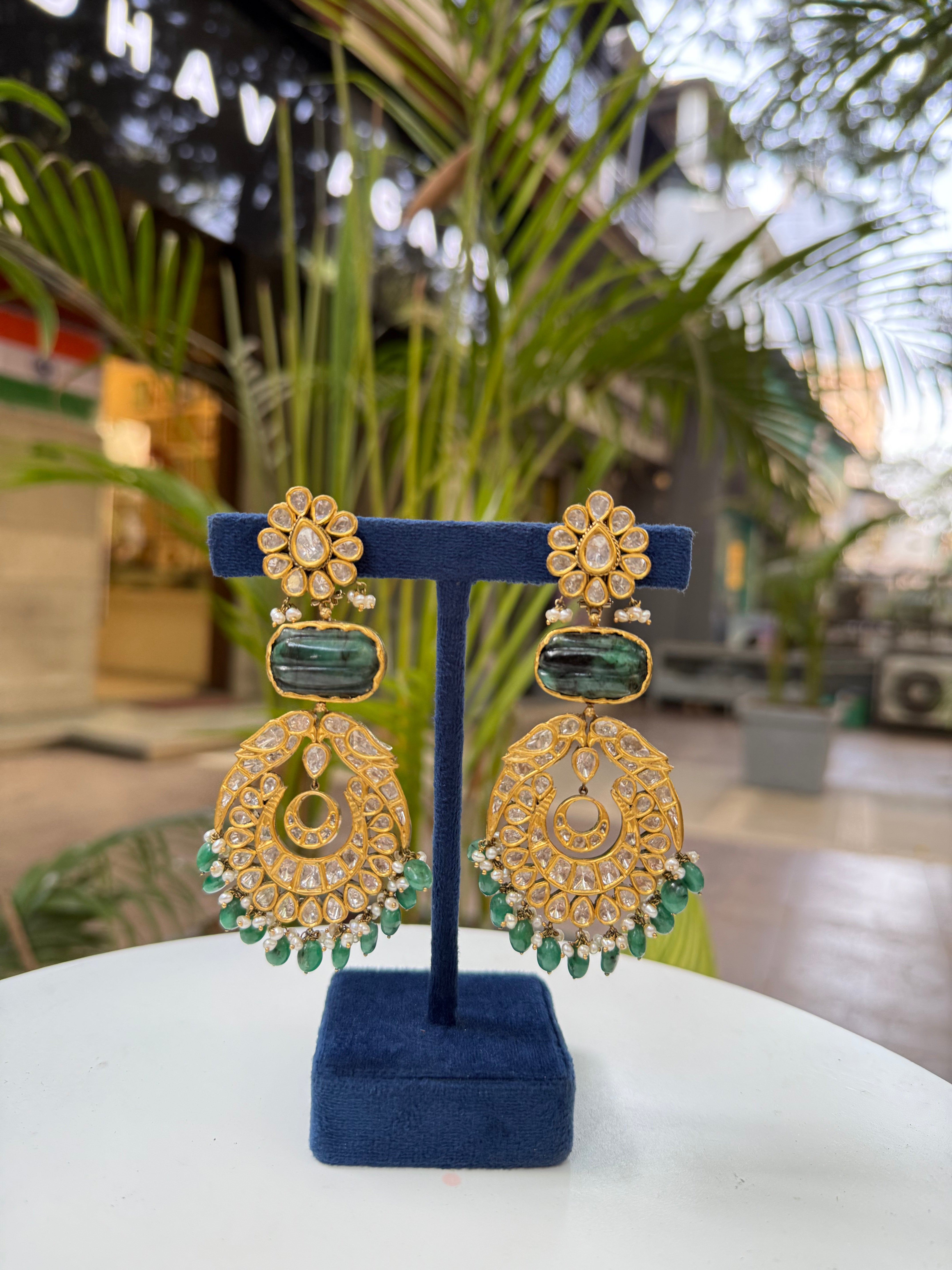 Emerald and Jadau Chandbali earrings