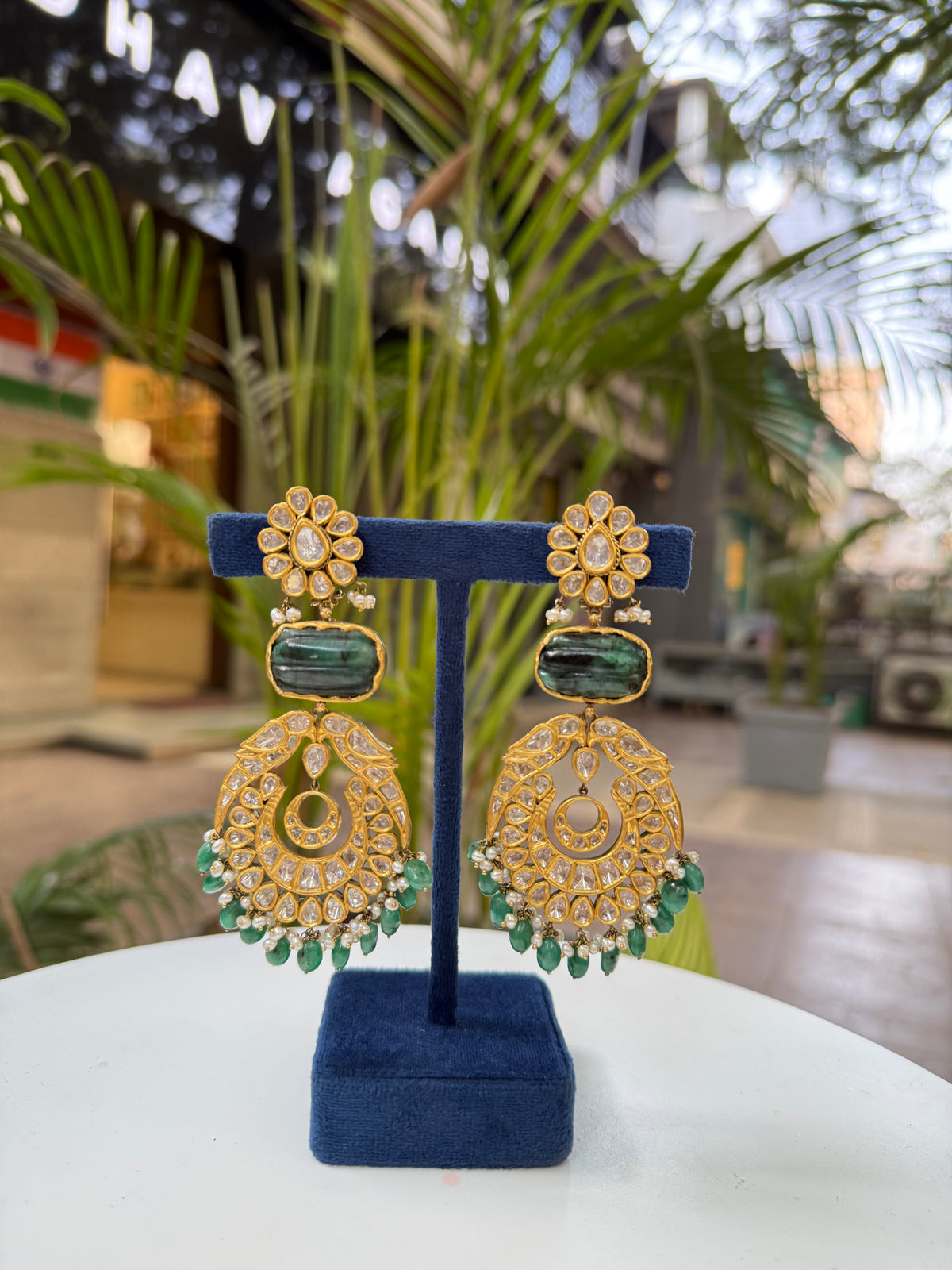 Natural Emerald And Polki Diamond Yellow Gold Drop Dangle Earrings Jewelry