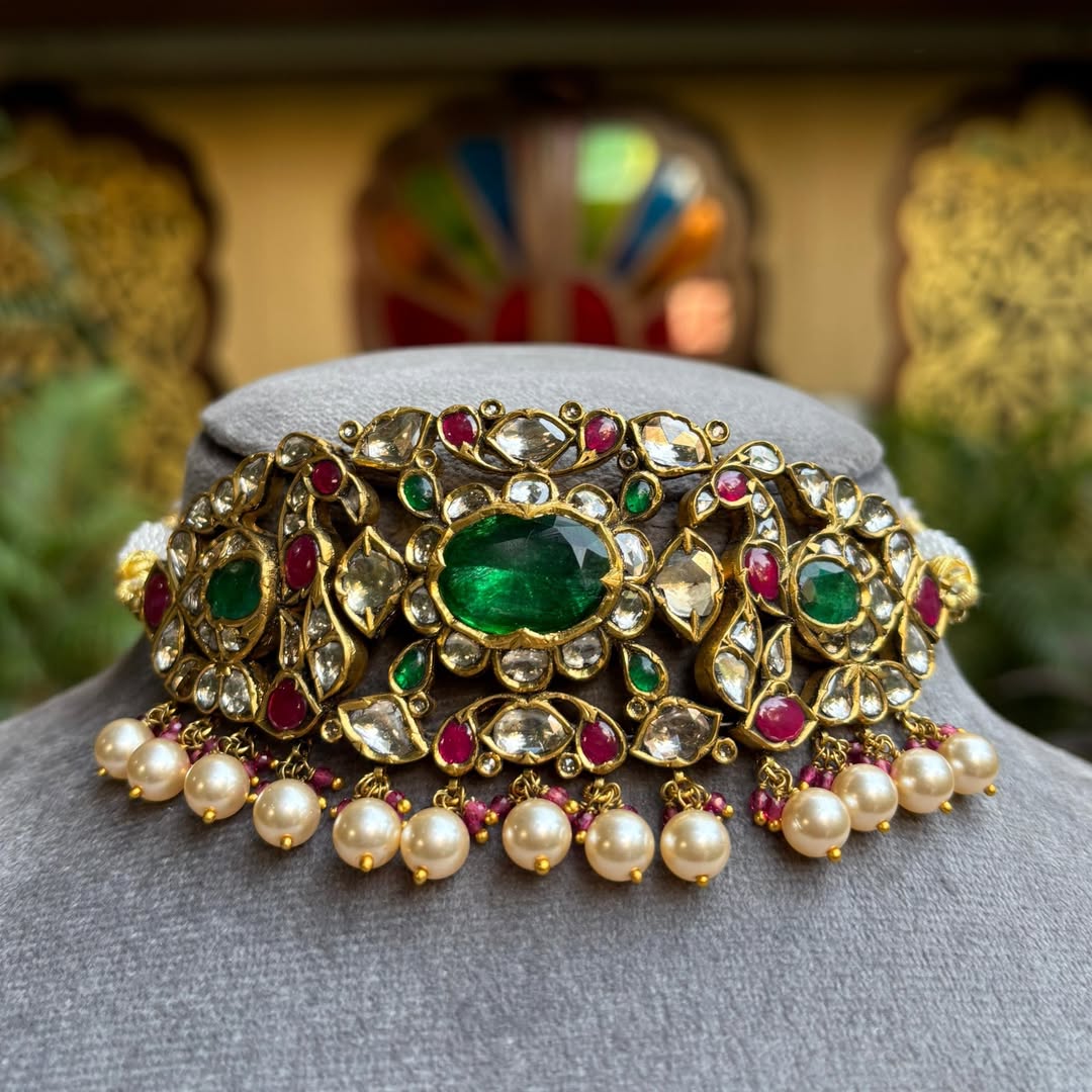 Traditional Emerald Polki Multi-Gemstone Choker