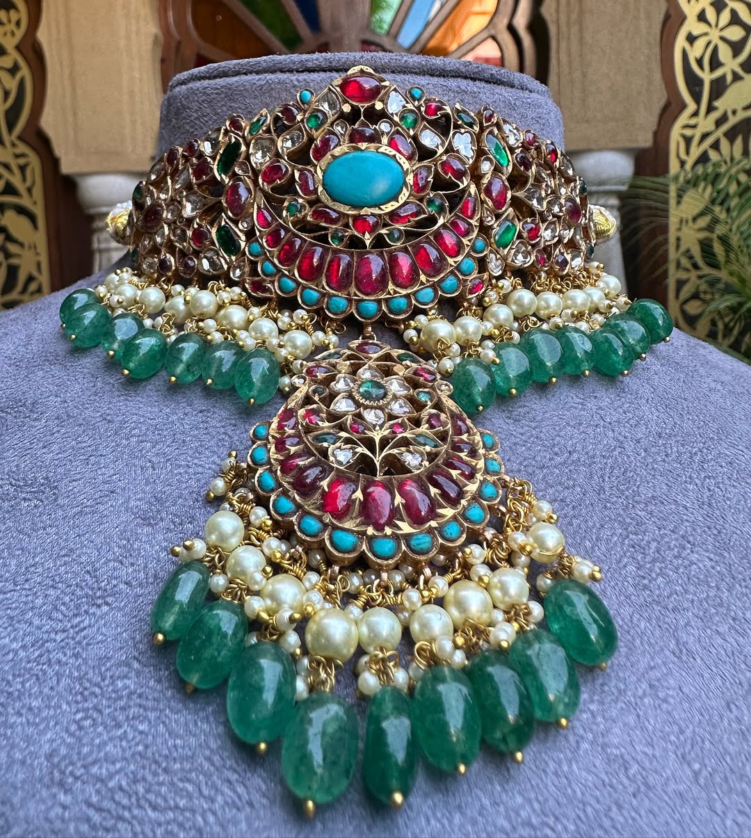 Exquisite Turquoise, Emerald & Polki Multi-Gemstone Yellow Gold Choker