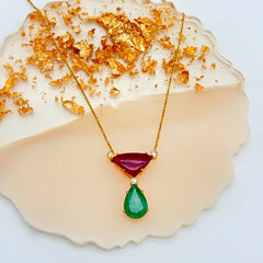 Precious Emerald, Ruby And Diamond 18k Solid Yellow Gold Handmade Chain Pendant Jewelry