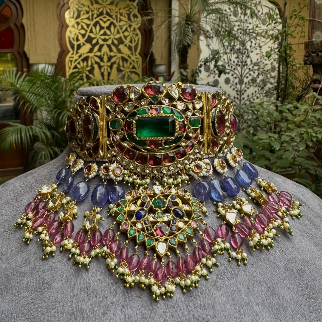 Exquisite Royal Emerald, Tourmaline & Polki Multi Gemstone Yellow Gold Aad