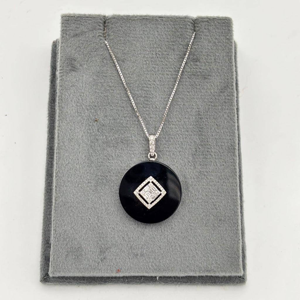 New Arrival Black Onyx And Diamond 18k White Gold Handmade Chain Necklace