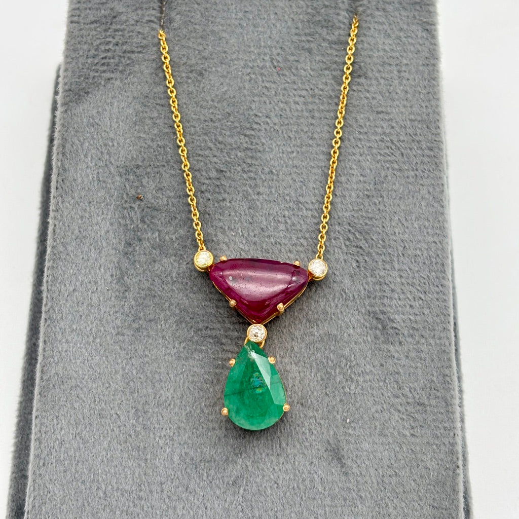Precious Emerald, Ruby And Diamond 18k Solid Yellow Gold Handmade Chain Pendant Jewelry