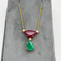 Precious Emerald, Ruby And Diamond 18k Solid Yellow Gold Handmade Chain Pendant Jewelry