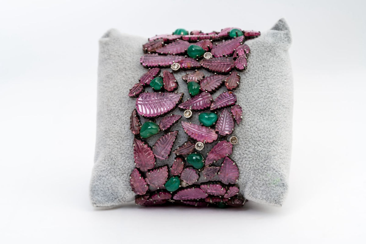 Leaf-Tourmaline, Emerald And Diamond 925 Sterling Silver Vintage Bracelets