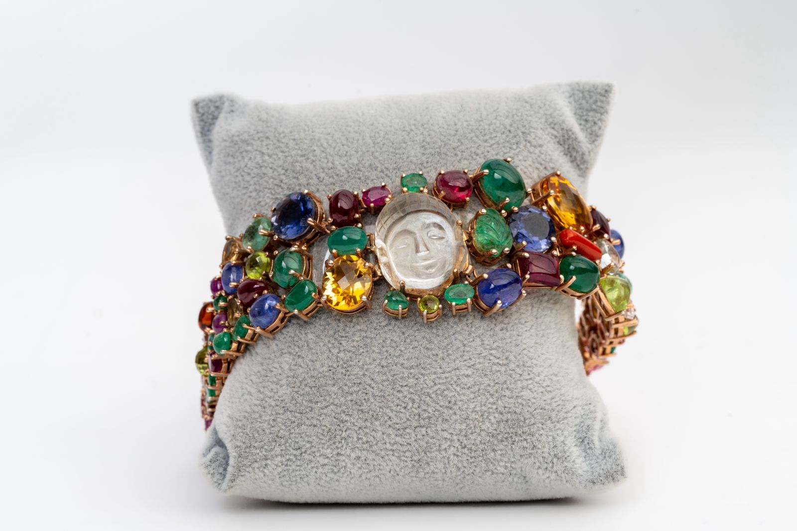 Buddha-Carving Crystal And Multi Gemstone 925 Sterling Silver Handmade Bracelets