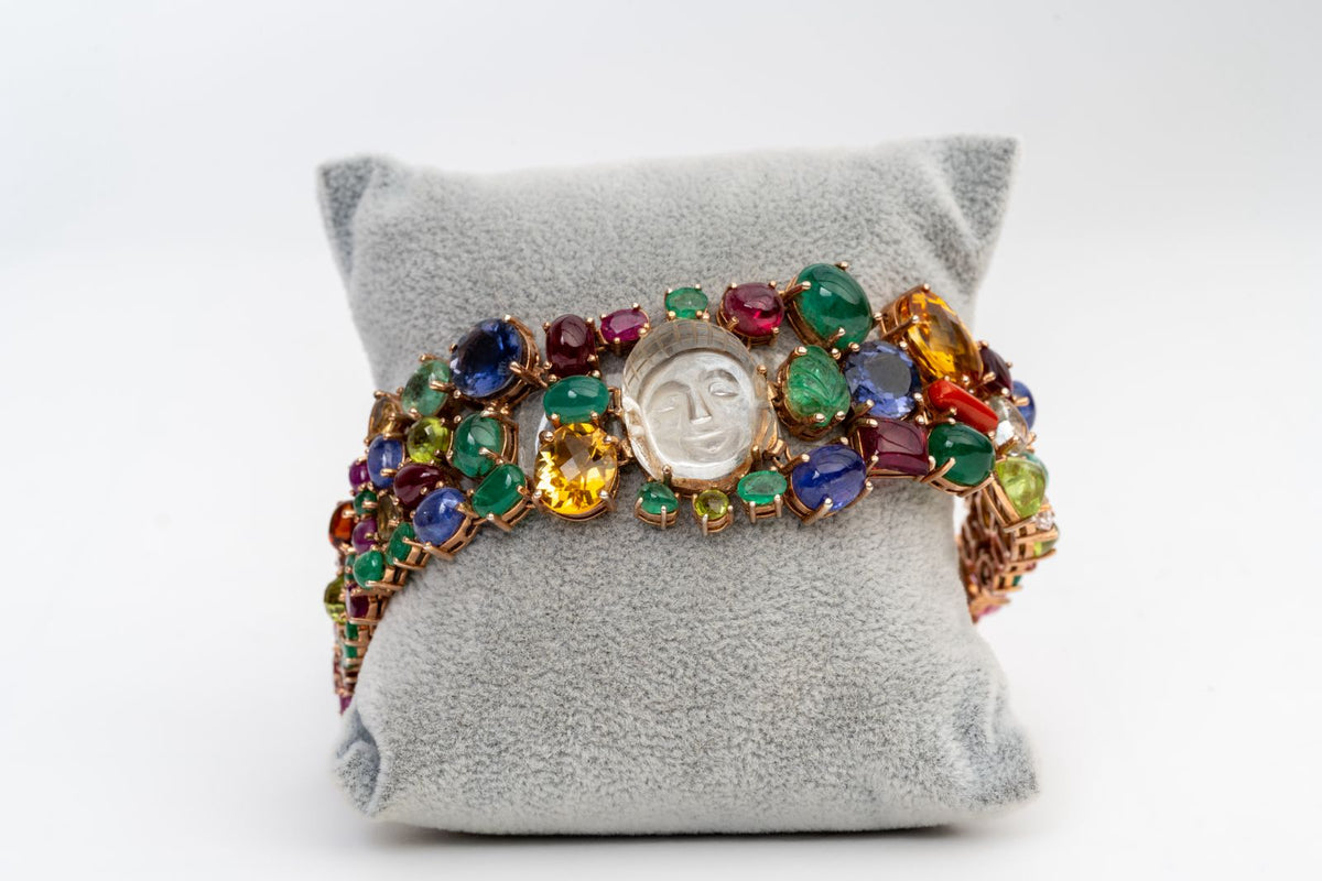 Buddha-Carving Crystal And Multi Gemstone 925 Sterling Silver Handmade Bracelets