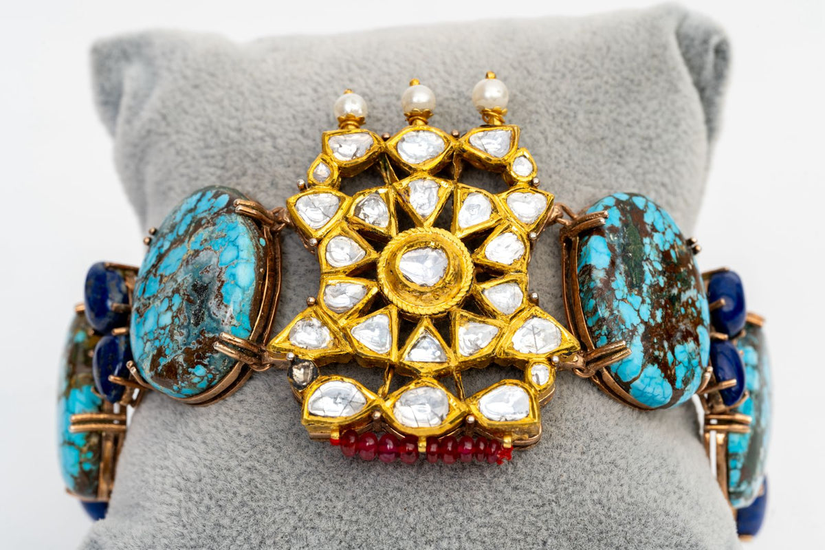 Antique Vintage Polki, Turquoise And Lapis Lazuli Yellow Gold Handmade Bracelets