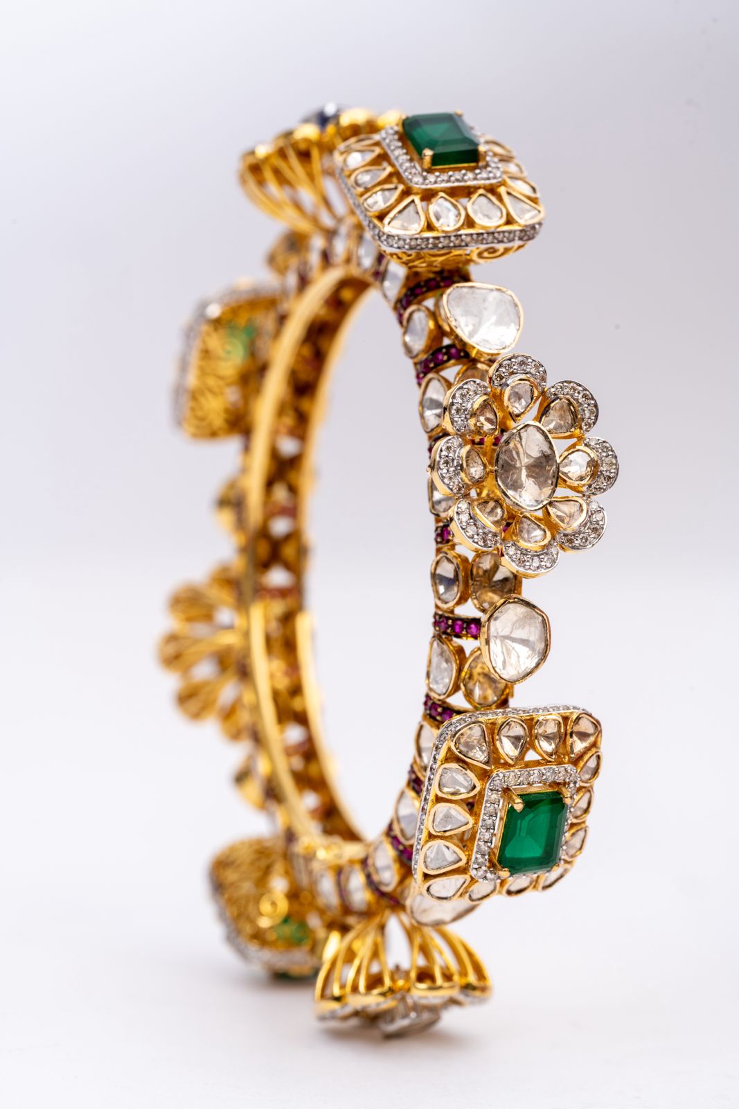 Precious Emerald, Ruby And Polki Diamond Yellow Gold Bangle Bracelets Jewelry