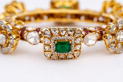 Precious Emerald, Ruby And Polki Diamond Yellow Gold Bangle Bracelets Jewelry