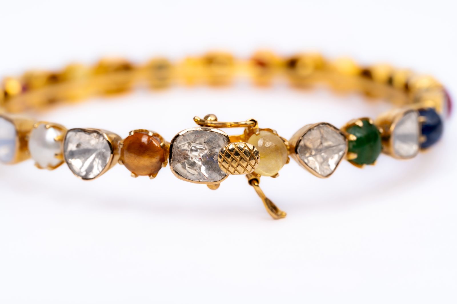 Blissful Navratna And Polki Diamond Yellow Gold Handmade Bracelets