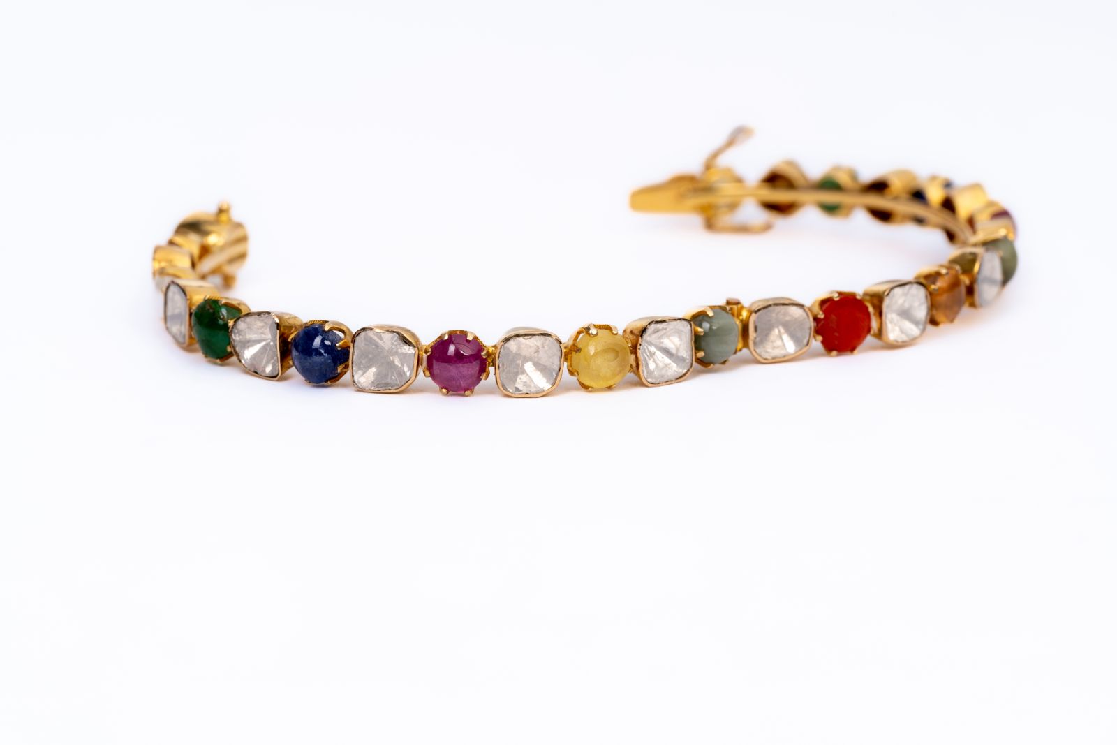 Blissful Navratna And Polki Diamond Yellow Gold Handmade Bracelets