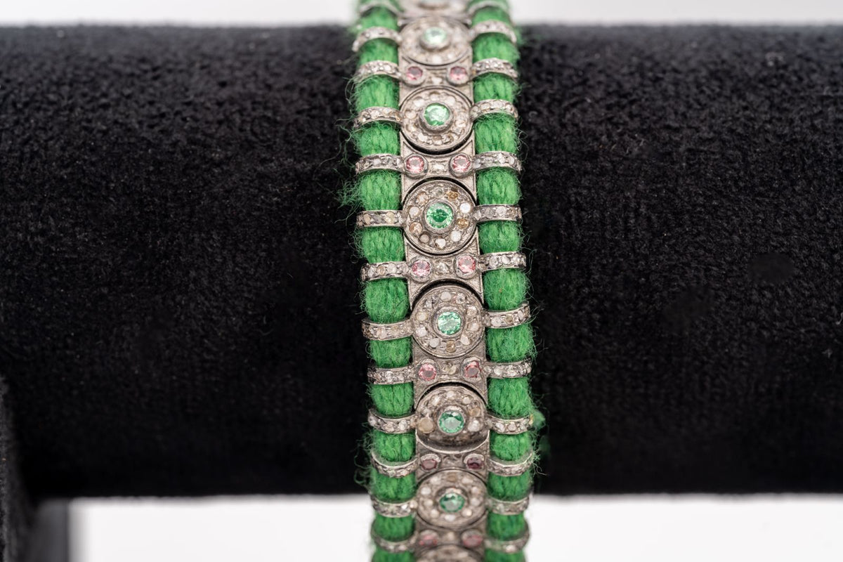 Elegant Emerald, Tourmaline And Diamond 925 Sterling Silver Handmade Thread Bracelets Jewelry