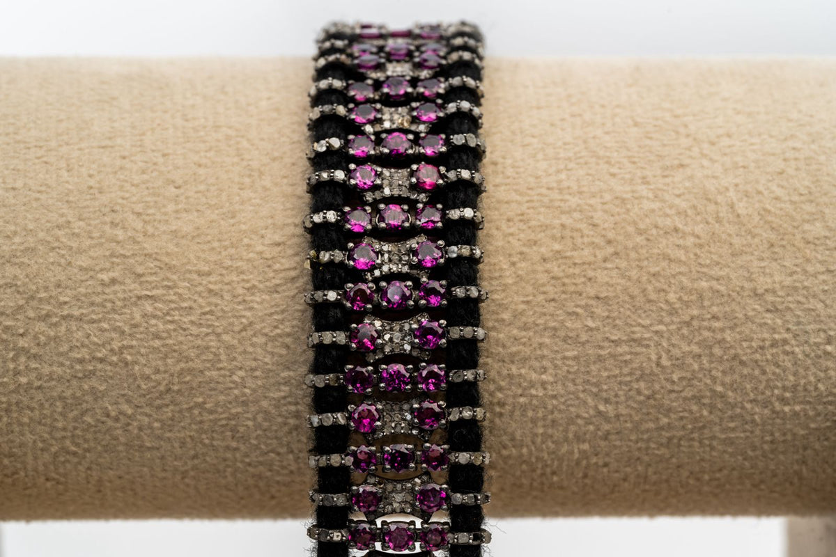 Natural Rhodolite Garnet, Emerald And Diamond 925 Sterling Silver Thread Bracelets Jewelry