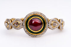 Precious Ruby And Polki Diamond Yellow Gold Handmade Enamel Work Bangle Bracelets