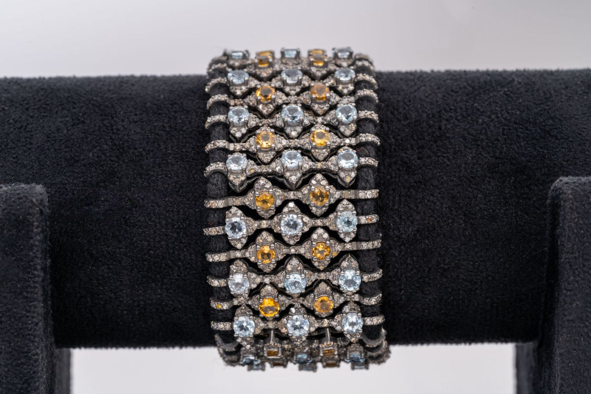 Natural Blue Topaz, Citrine And Diamond 925 Sterling Silver Thread Bracelets Jewelry