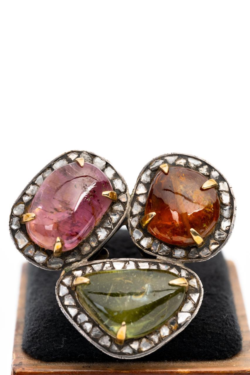 Natural Multi Tourmaline And Diamond Gemstone 925 Sterling Silver Victorian Rings Jewelry