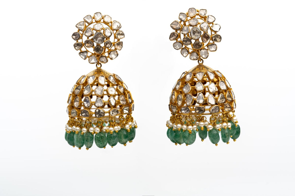 New Arrival Polki Diamond, Emerald And Pearl Yellow Gold Drop Dangle Earrings