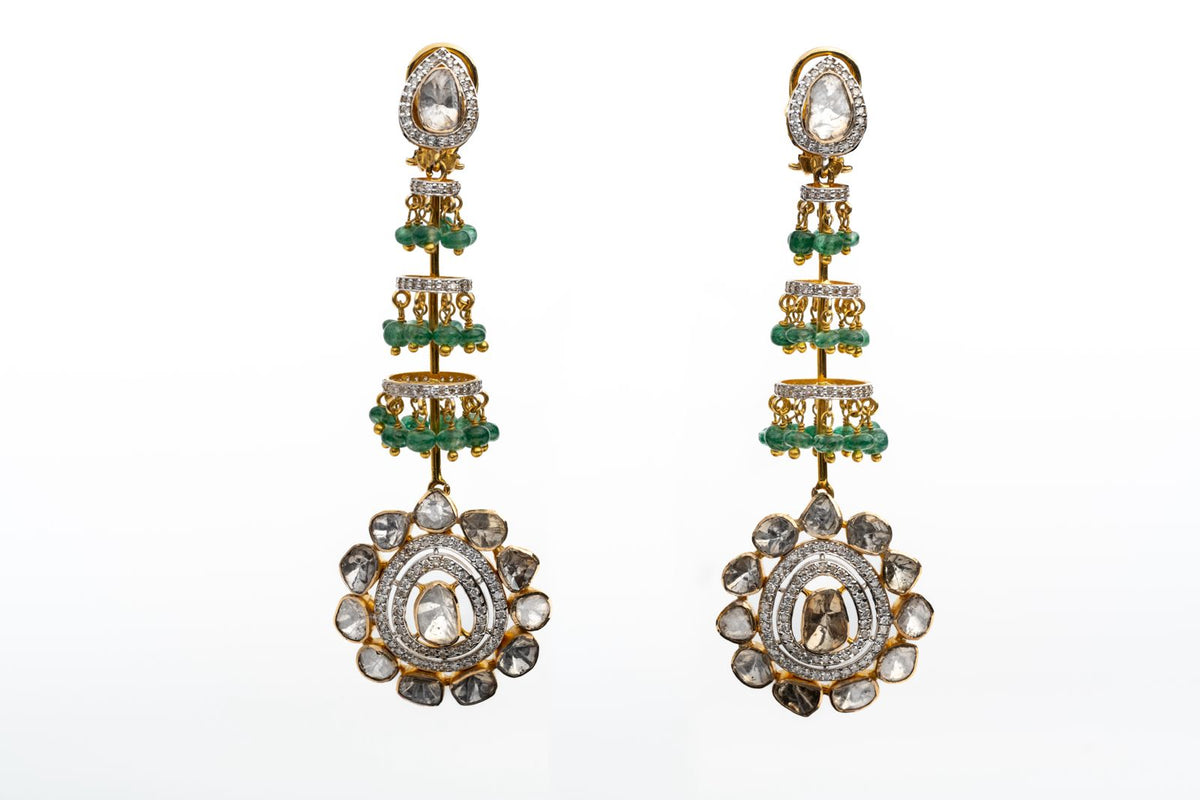 Natural Polki Diamond And Emerald Gemstone Yellow Gold Handmade Earrings