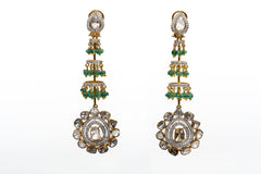 Natural Polki Diamond And Emerald Gemstone Yellow Gold Handmade Earrings