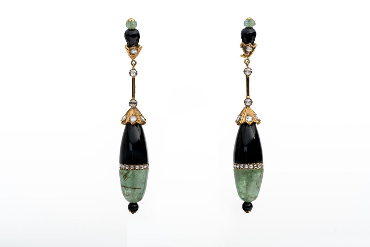 Natural Emerald, Black Onyx And Diamond Yellow Gold Drop Dangle Earrings