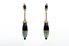 Natural Emerald, Black Onyx And Diamond Yellow Gold Drop Dangle Earrings