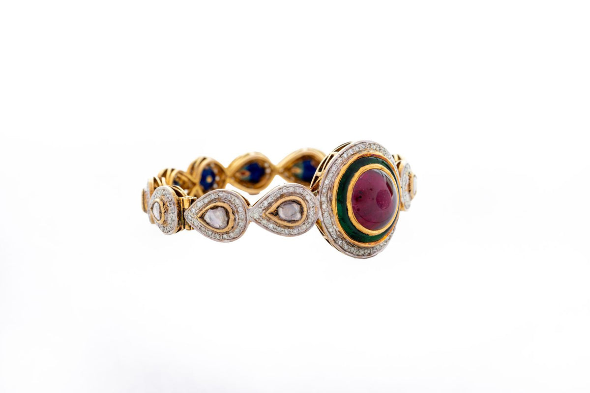 Precious Ruby And Polki Diamond Yellow Gold Enamel Work Bangle Jewelry