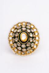 Polki Diamond And Pearl Gemstone Yellow Gold Handmade Rings Jewelry