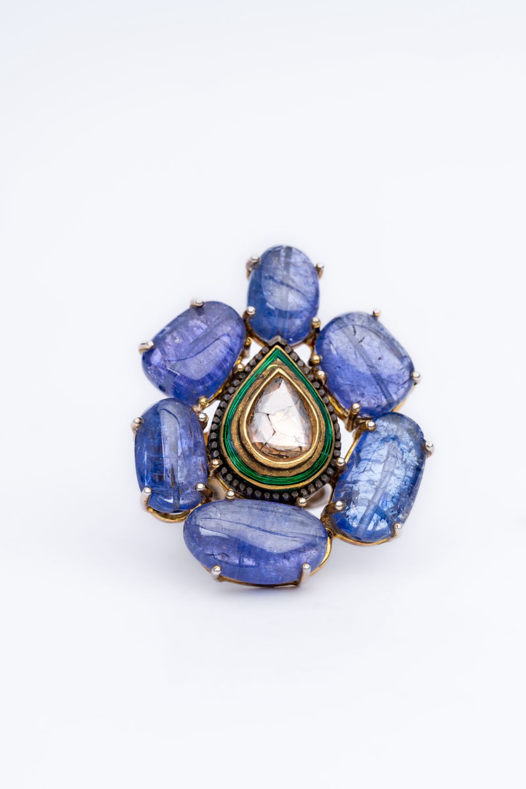 Natural Tanzanite And Polki Diamond Victorian Handmade Enamel Work Rings Jewelry