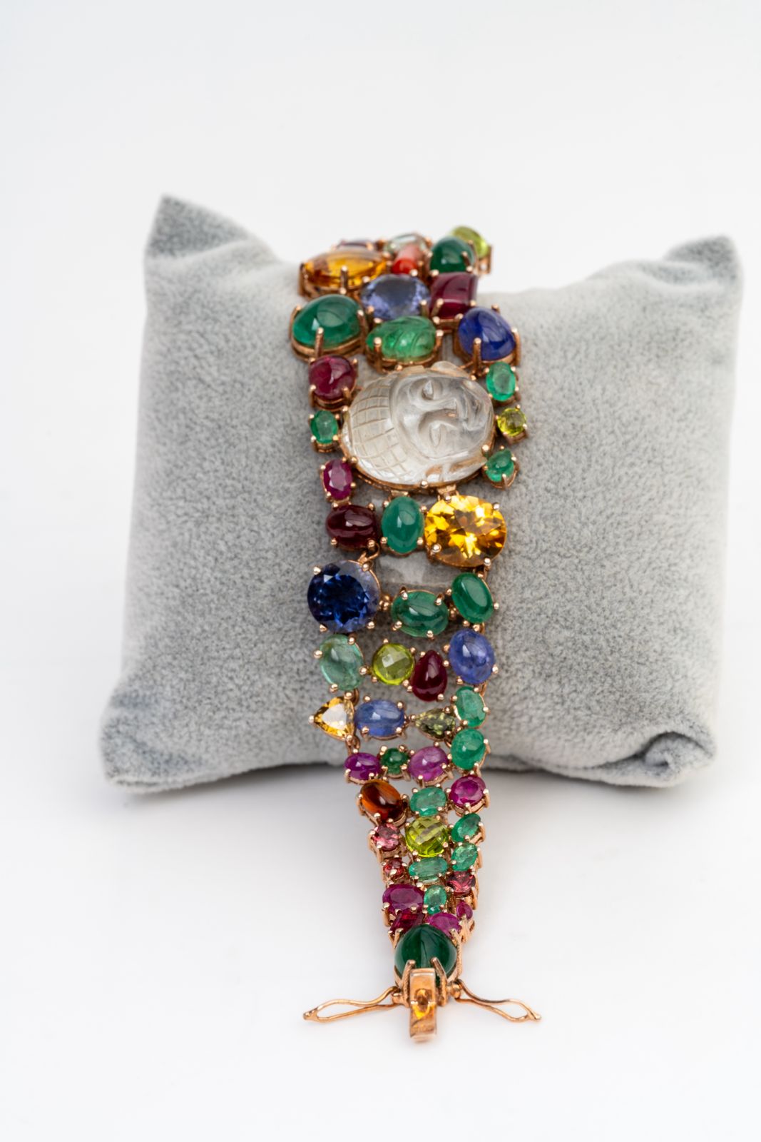 Buddha-Carving Crystal And Multi Gemstone 925 Sterling Silver Handmade Bracelets