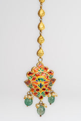 New Arrival Polki Diamond And Emerald Yellow Gold Handmade Forehead Pendant Jewelry
