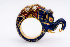 Elephant-Polki Diamond Gemstone 22K Solid Yellow Gold Enamel Work Rings Jewelry