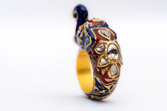 Elephant-Polki Diamond Gemstone 22K Solid Yellow Gold Enamel Work Rings Jewelry