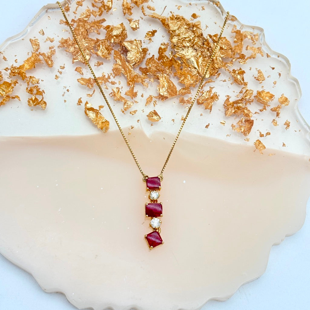 Exquisite Ruby And Diamond 18k Solid Yellow Gold Handmade Chain Pendant Jewelry