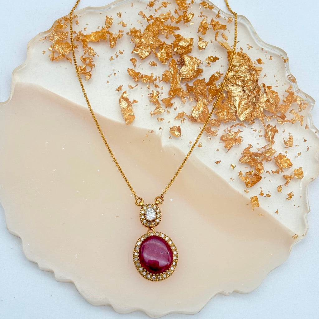 Natural Ruby And Diamond 18k Yellow Gold Handmade Chain Necklace Jewelry